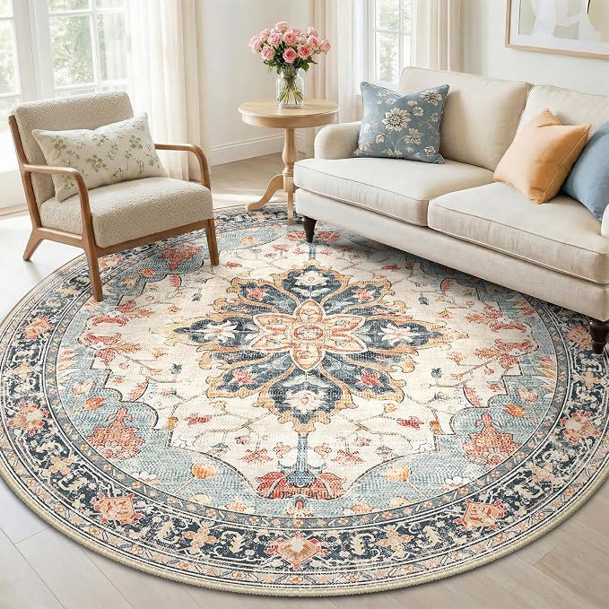 RELEANY Area Rugs Round 6ft Washable Non-Slip, Floral Vintage Distress Print by RELEANY