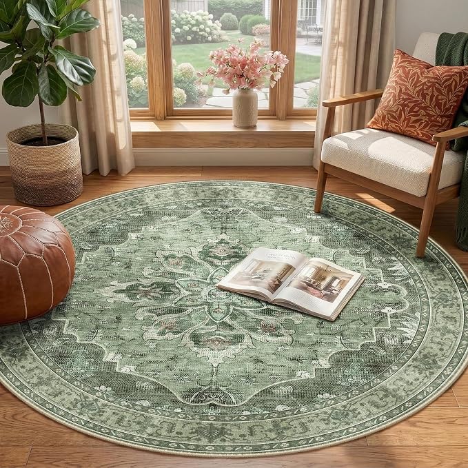 RELEANY Area Rugs Round 4ft Washable Non-Slip, Floral Vintage Distress Print - Image 2