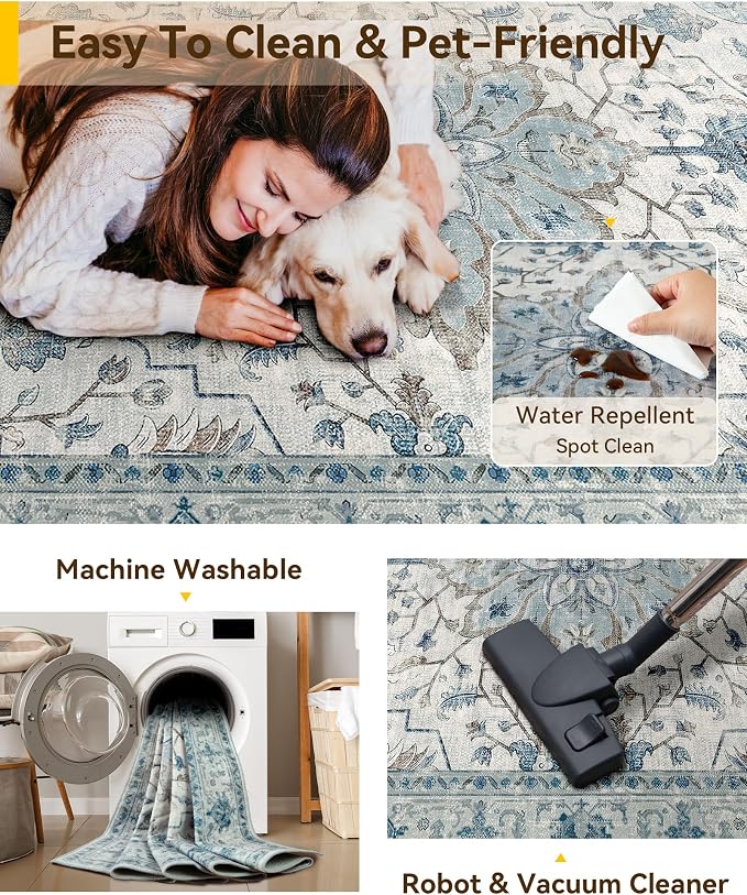 RELEANY Area Rugs 7'x9' Washable Non-Slip, Floral Vintage Distress Print - Image 6