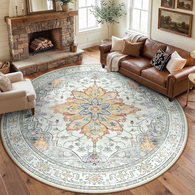 RELEANY Area Rugs Round 8ft Washable Non-Slip, Floral Vintage Distress Print by RELEANY