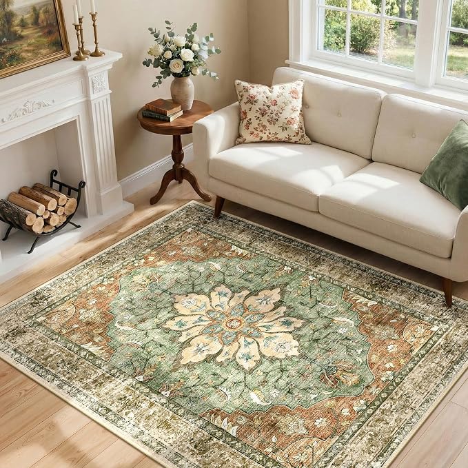 RELEANY Area Rugs 4'x6' Washable Non-Slip, Floral Vintage Distress Print by RELEANY